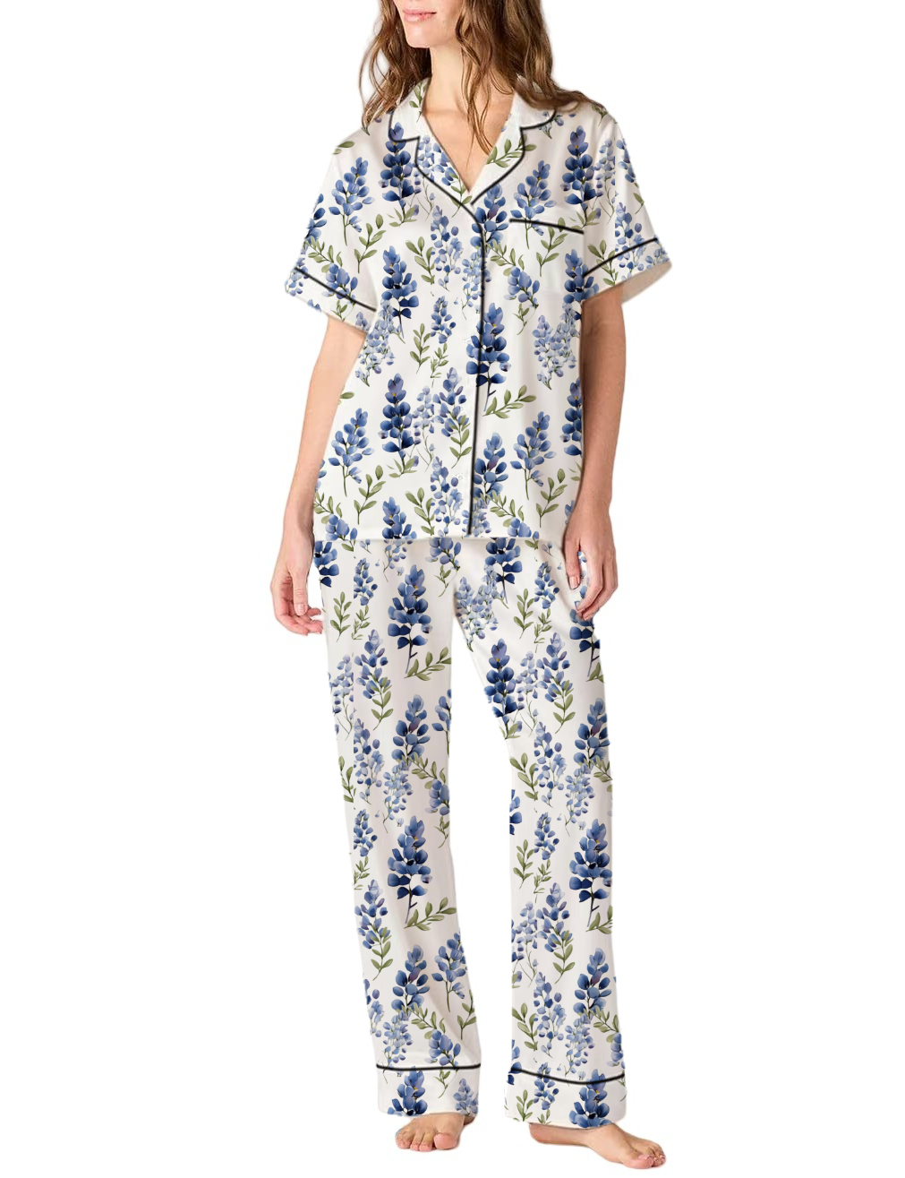 Texas State Flower Bluebonnet Silky Satin Pajama Pants Set For Women