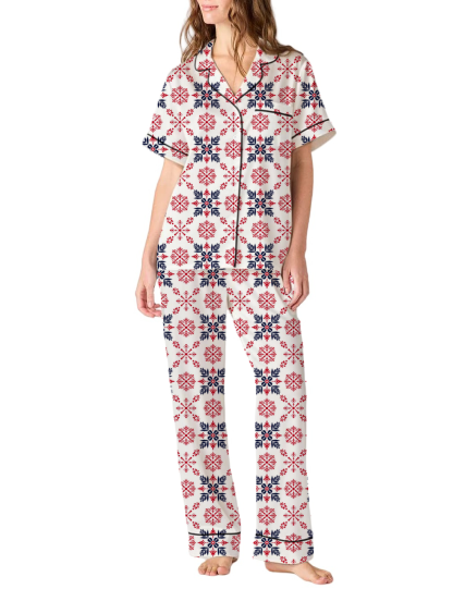 Slavic Ethnic Pattern Silky Satin Pajama Pants Set For Women
