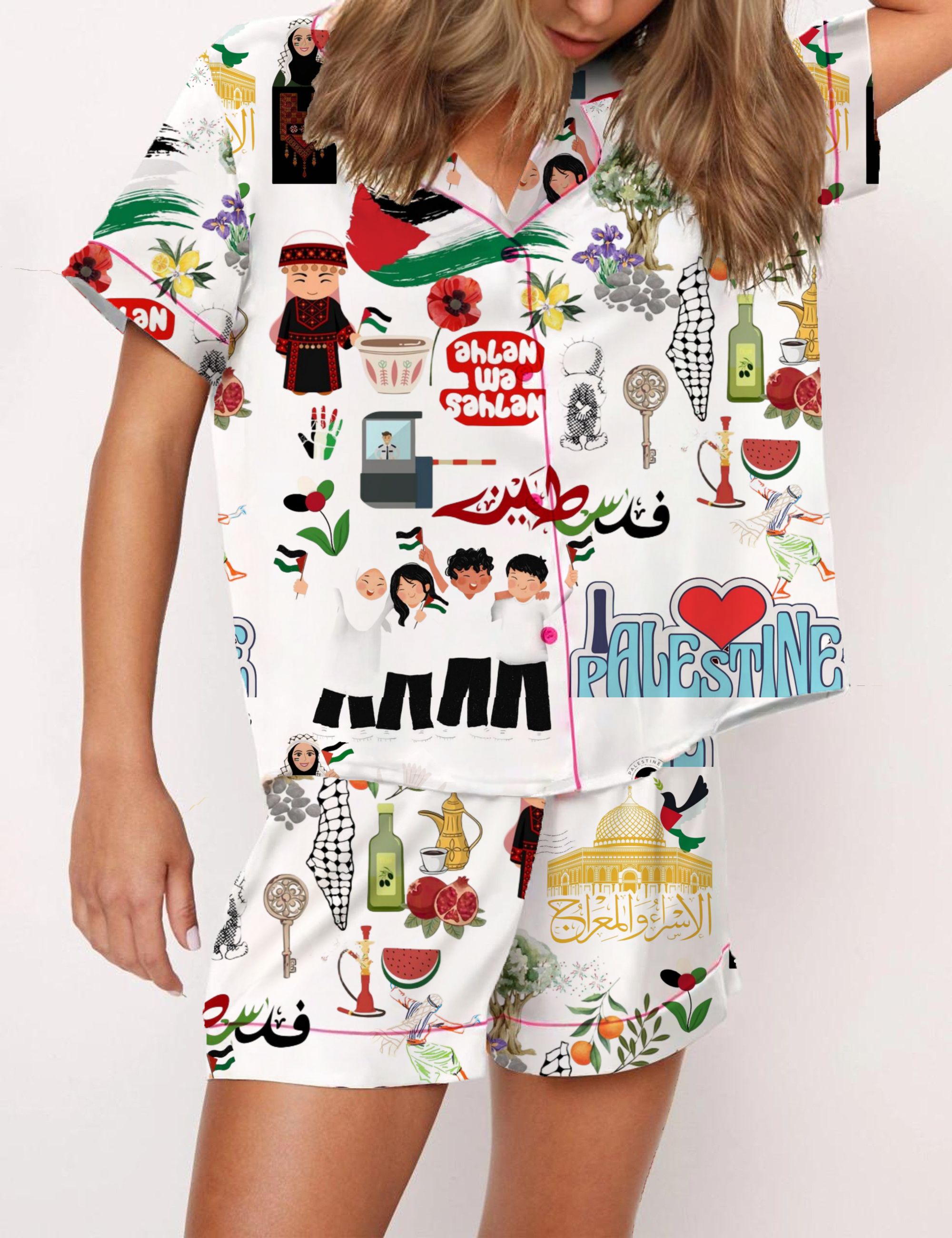 Palestine Silky Satin Pajama Short Set For Women