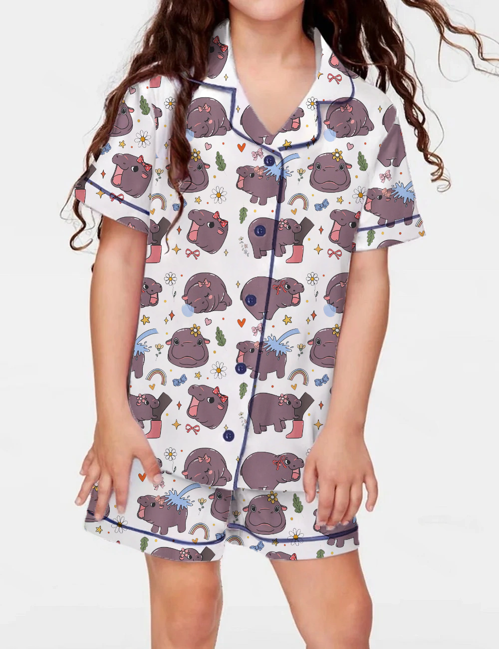 Moo Deng Baby Kid's Short Sleeve  Silky Satin Pajama Set 