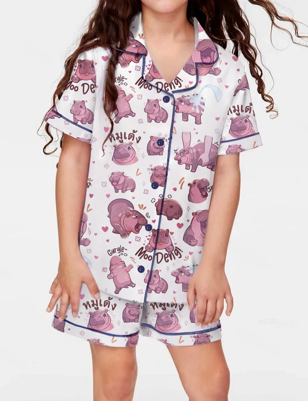 Moo Deng Baby Kid's Short Sleeve  Silky Satin Pajama Set 