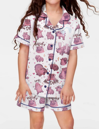 Moo Deng Baby Kid's Short Sleeve  Silky Satin Pajama Set 