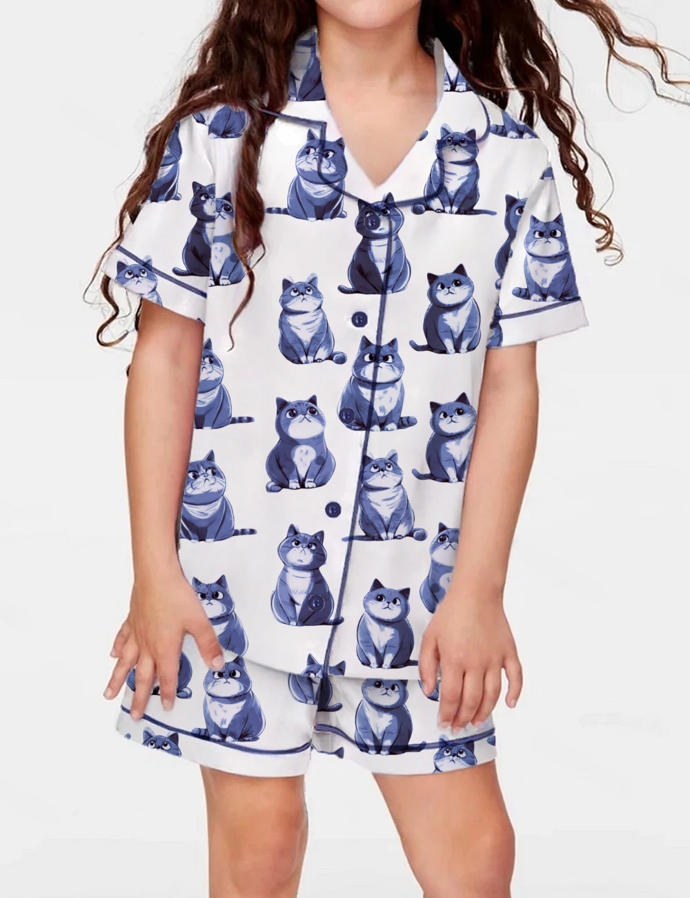 British Shorthair Kid's Short Sleeve  Silky Satin Pajama Set 