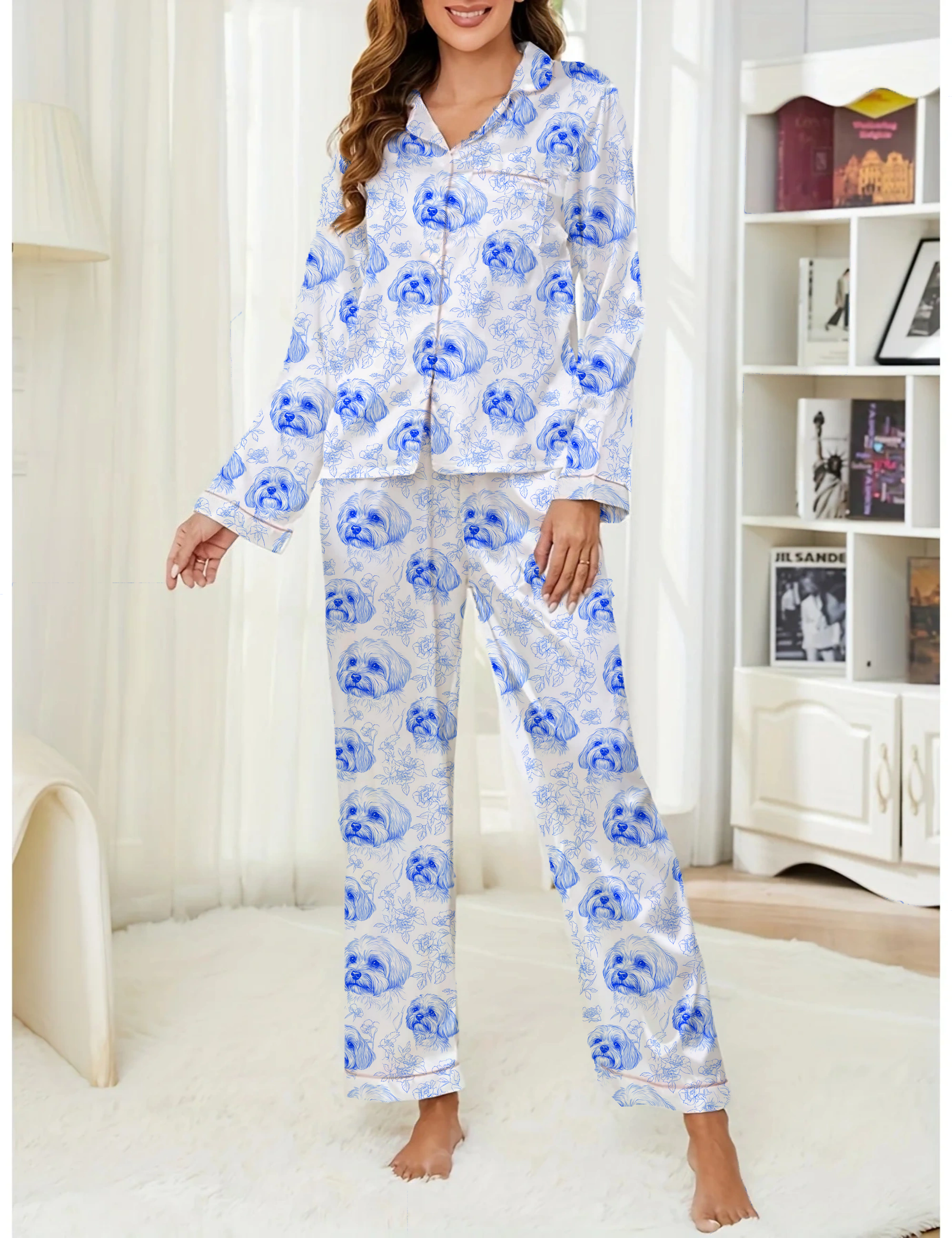 Maltese Toile Silky Satin Pajama Long Set