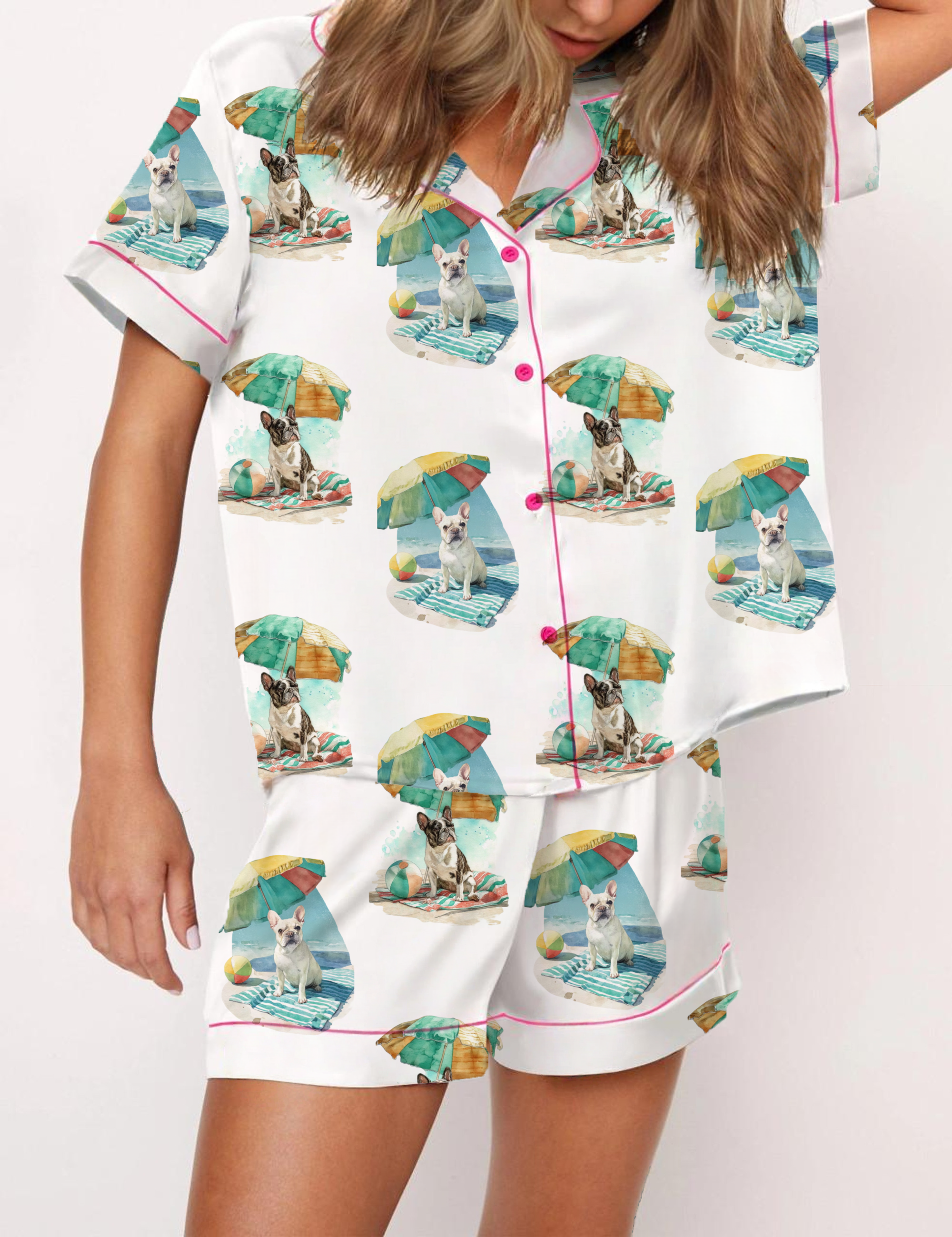 French Bulldog Silky Satin Pajama Short Set For Women