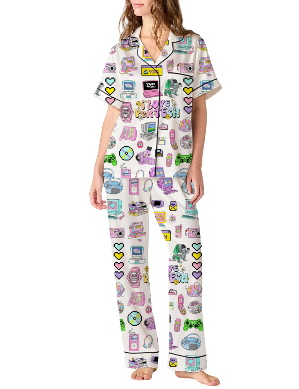 2000s Millennium Y2K Tech Retro 90s Silky Satin Pajama Pants Set For Women