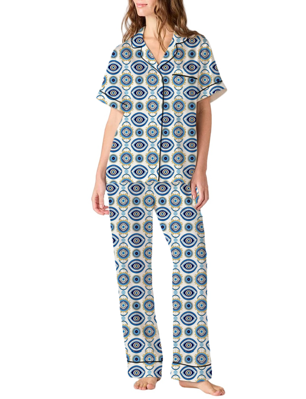Evil Eye Amulet Pattern Silky Satin Pajama Pants Set For Women