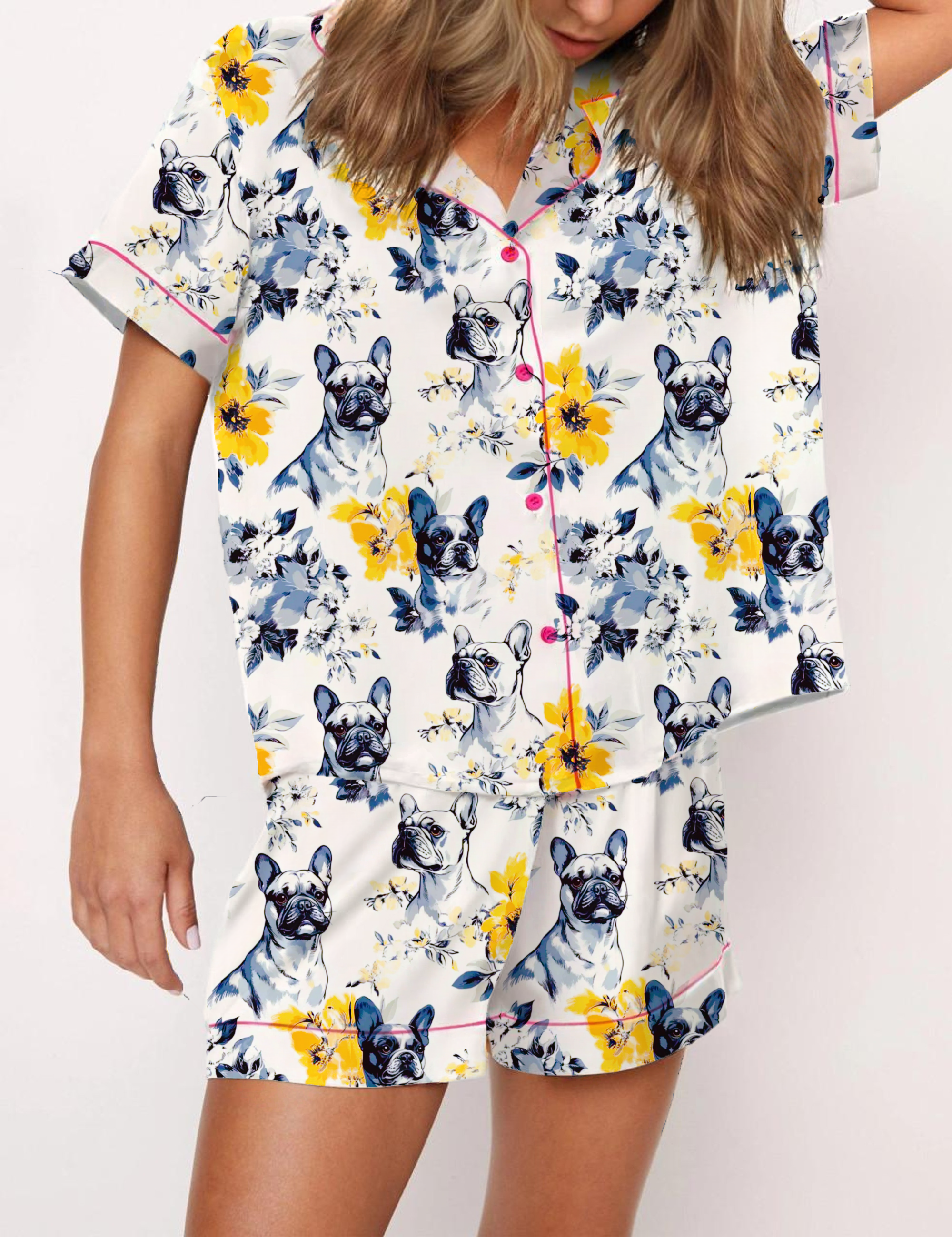 French Bulldog Toile Silky Satin Pajama Short Set For Women