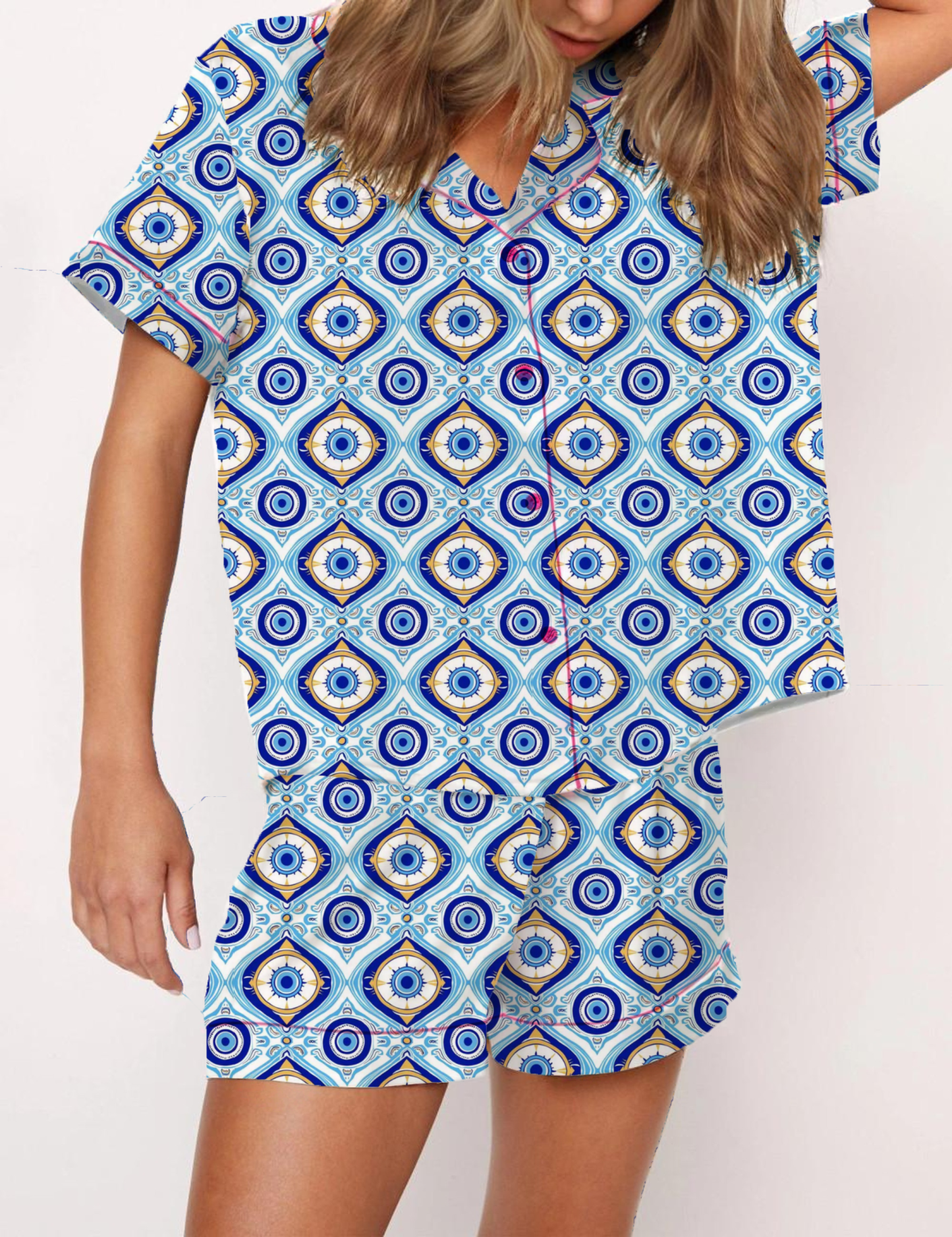 Evil Eye Amulet Pattern Silky Satin Pajama Short Set For Women