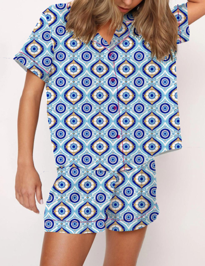 Evil Eye Amulet Pattern Silky Satin Pajama Short Set For Women