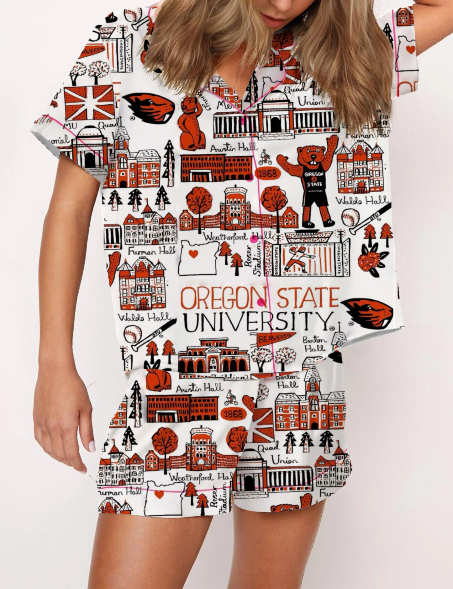 Oregon State University Silky Satin Pajama Short Set For Women