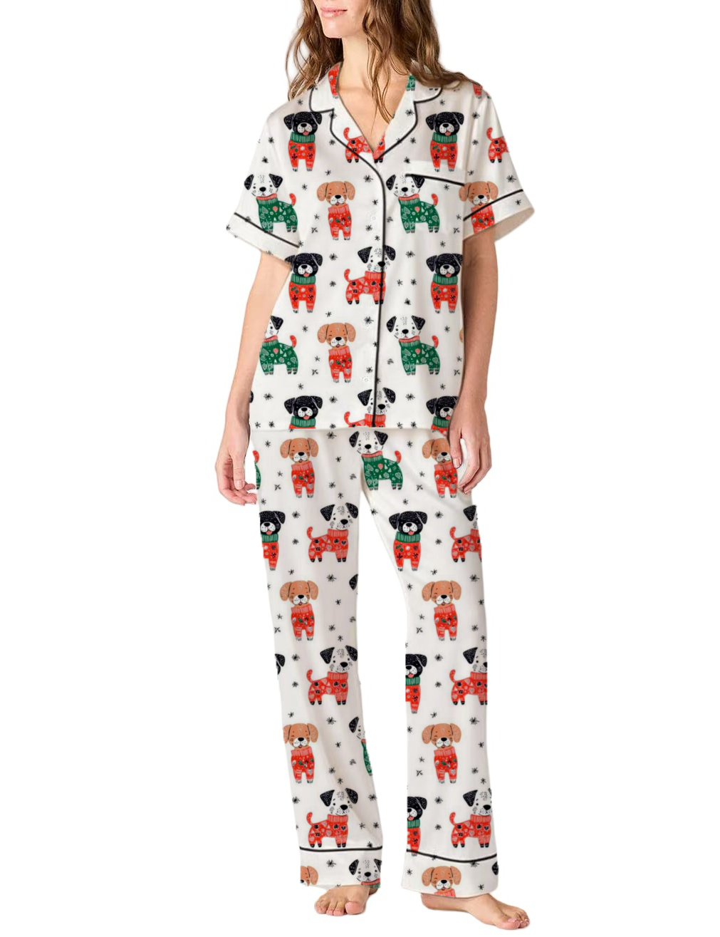 Cartoon Puppy Silky Satin Pajama Pants Set For Women