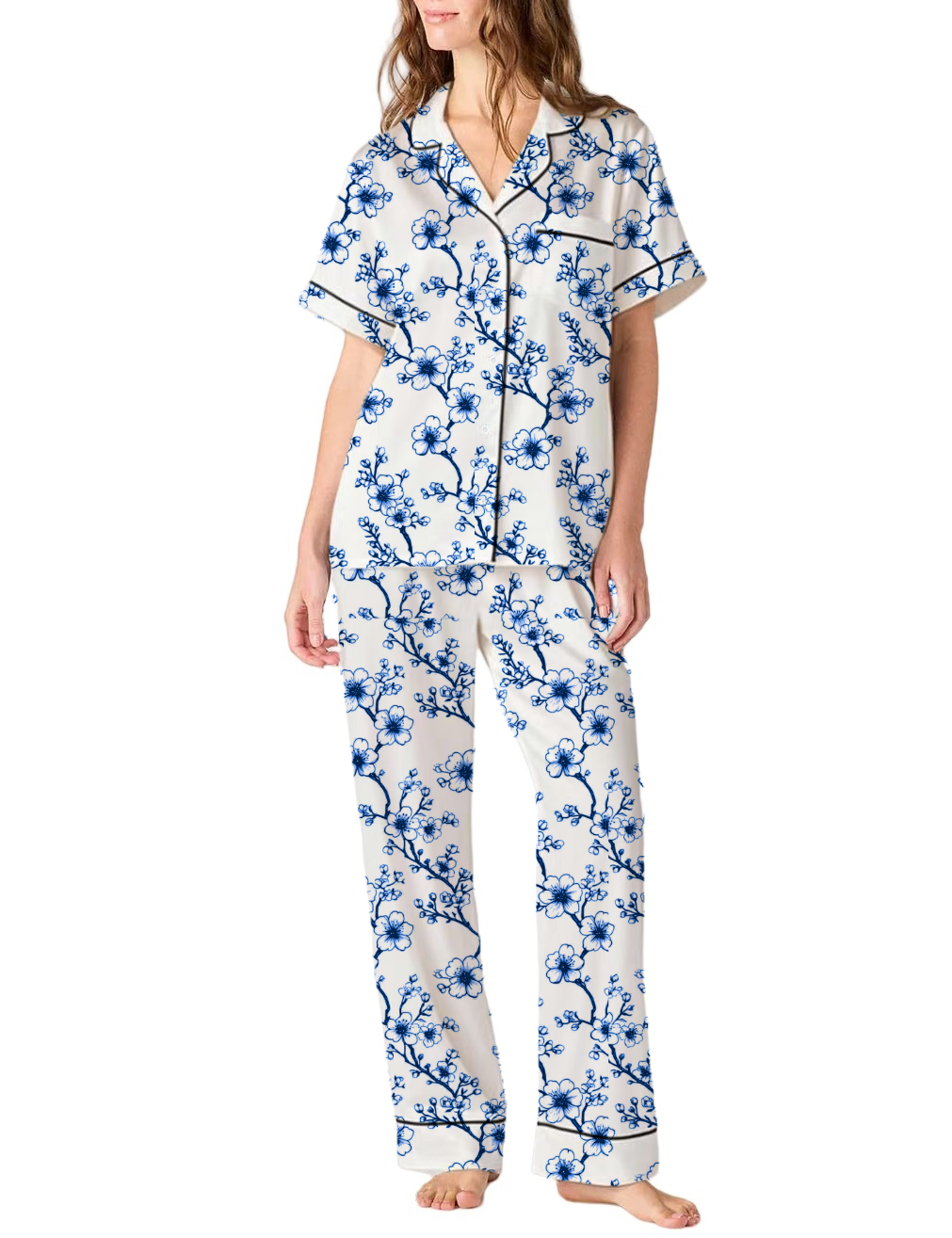 Plum Blossom Toile Silky Satin Pajama Pants Set For Women