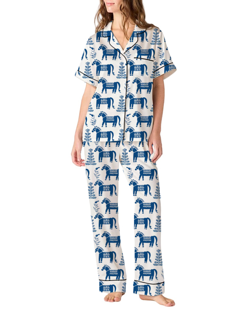 Dala Horse Silky Satin Pajama Pants Set For Women