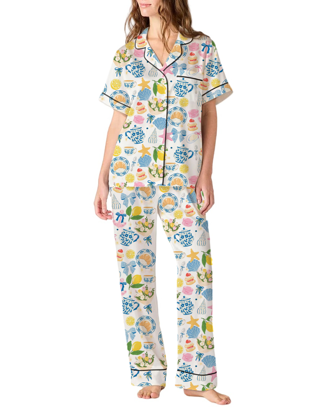 Blue Chinoiseries Amalfi Coast Summer Aesthetic Silky Satin Pajama Pants Set For Women