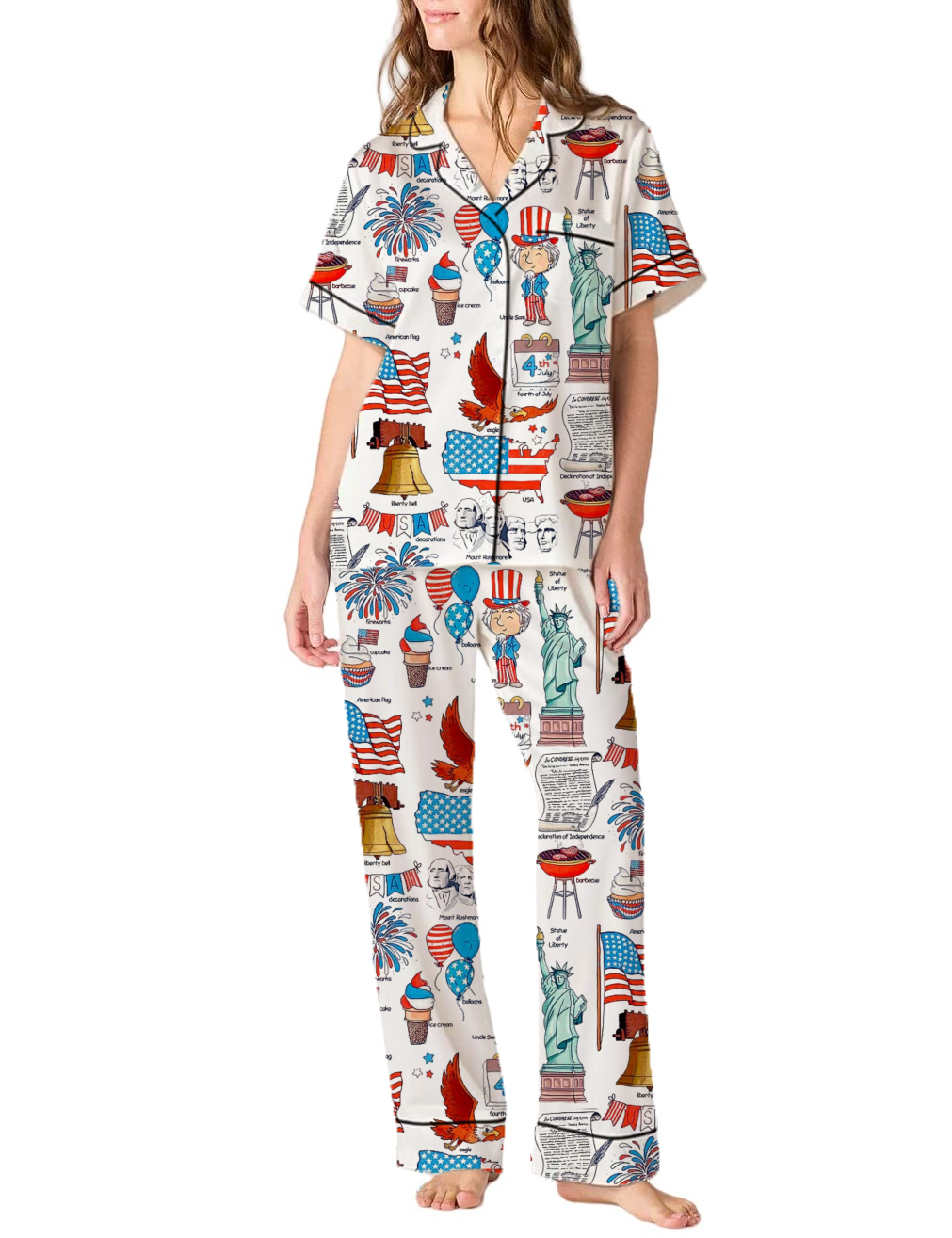 4th of July Silky Satin Pajama Pants Set For Women