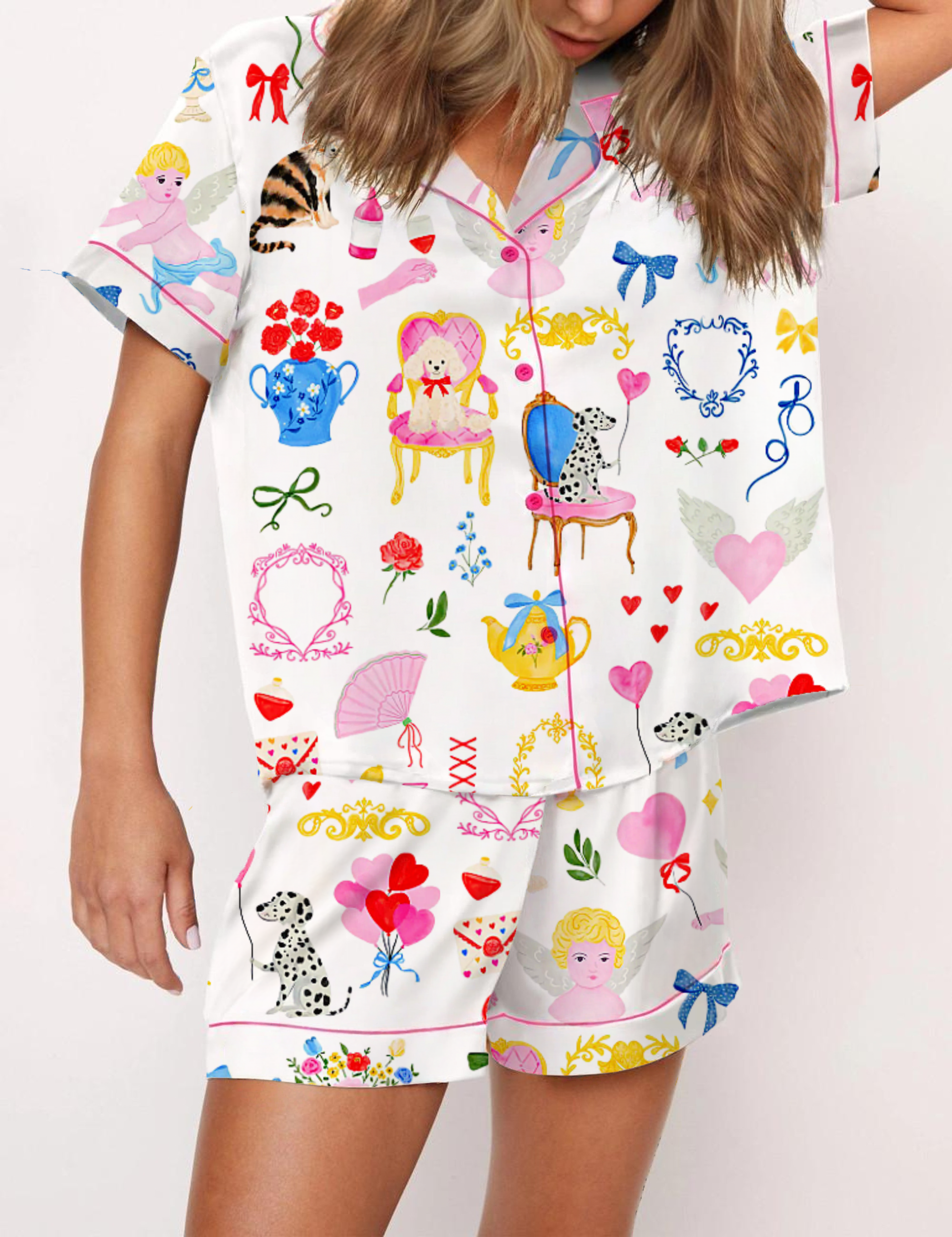 Vantine's Day Love Silky Satin Pajama Short Set For Women