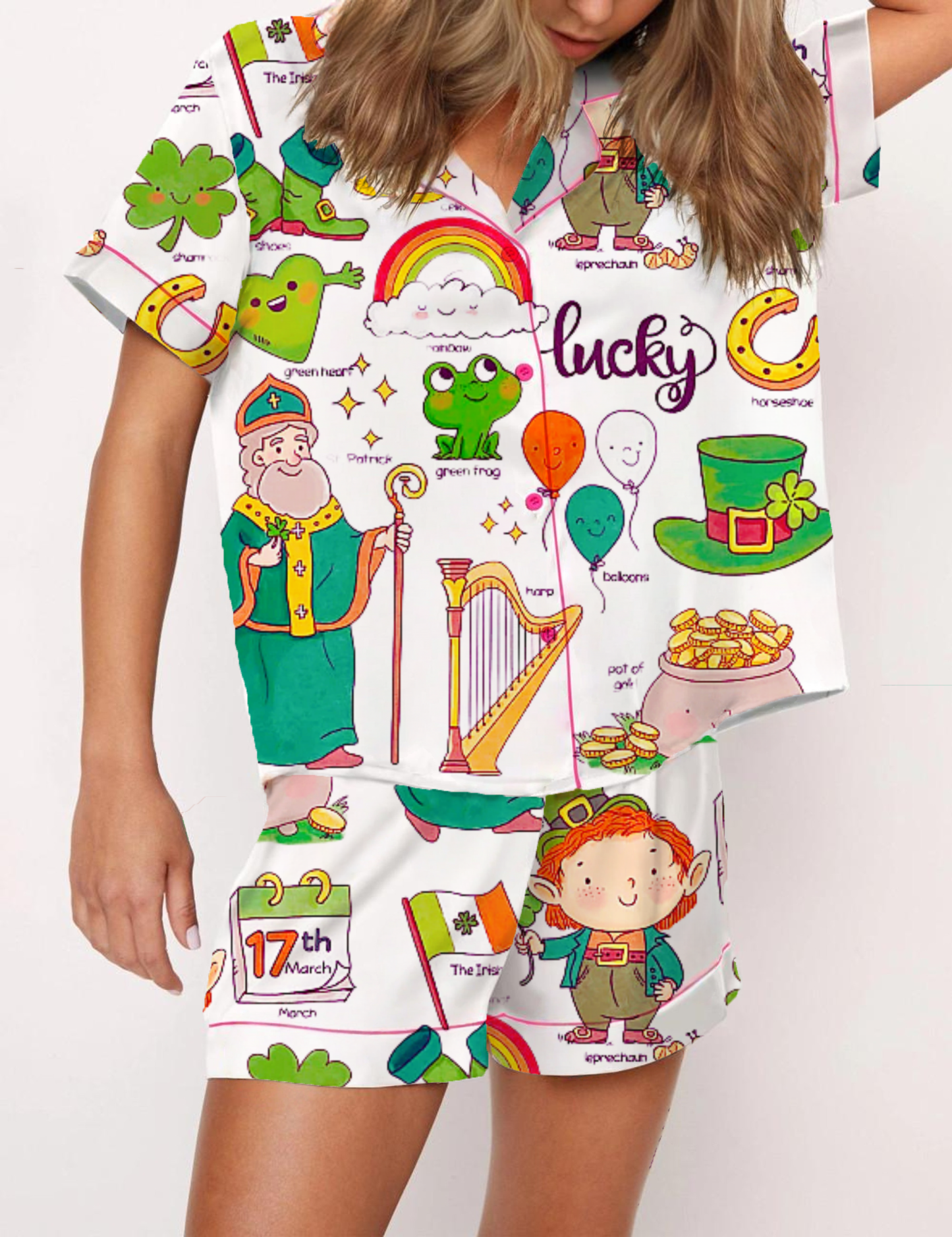St.Patrick's Day Silky Satin Pajama Short Set For Women