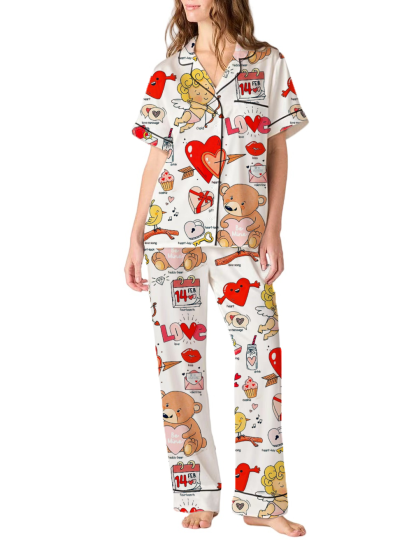 Valentine's Day Silky Satin Pajama Pants Set For Women