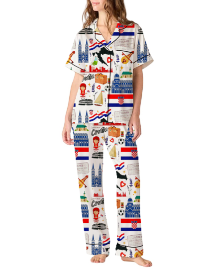 Croatia Vacation Silky Satin Pajama Pants Set For Women