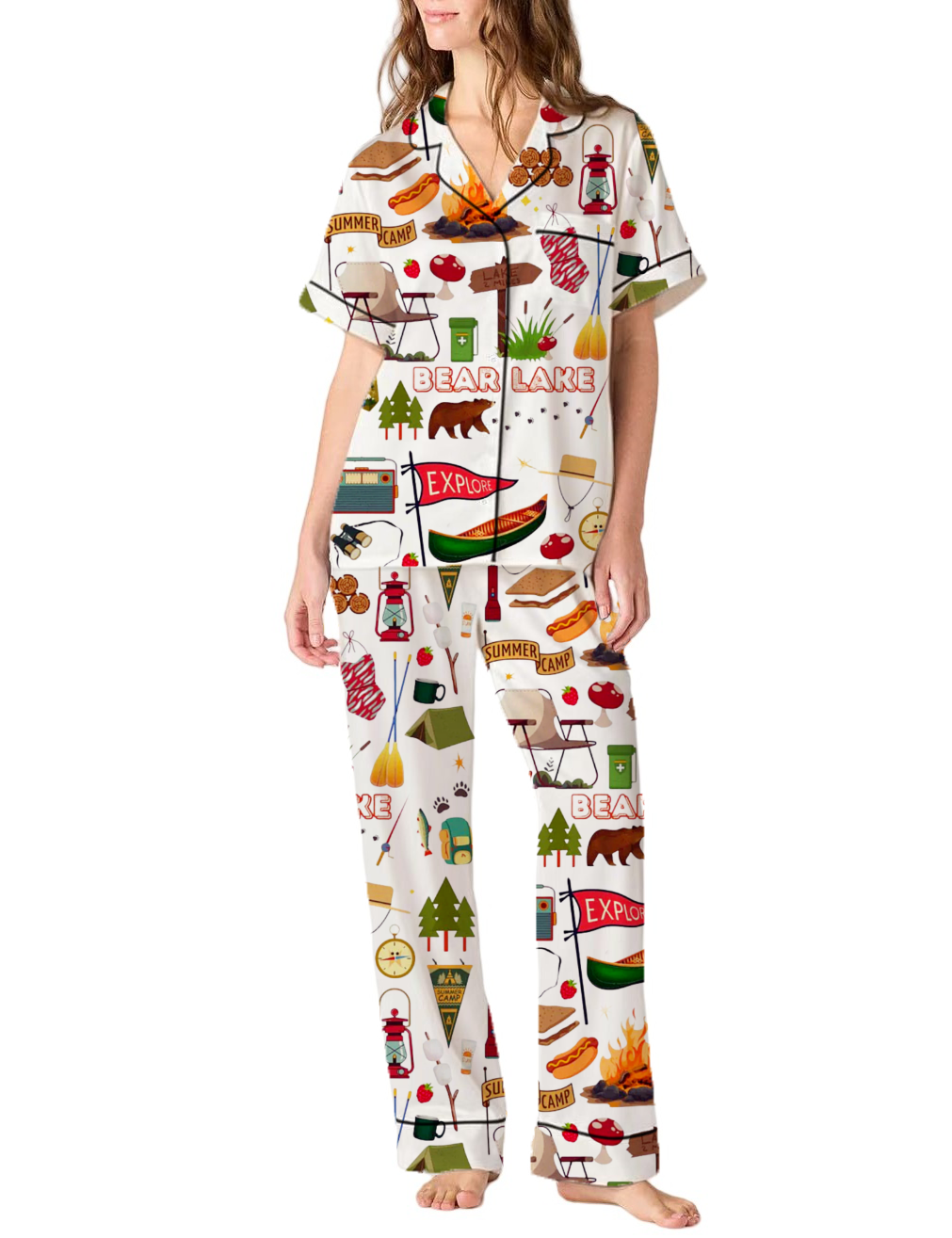 Bear Lake Vacation Silky Satin Pajama Pants Set For Women
