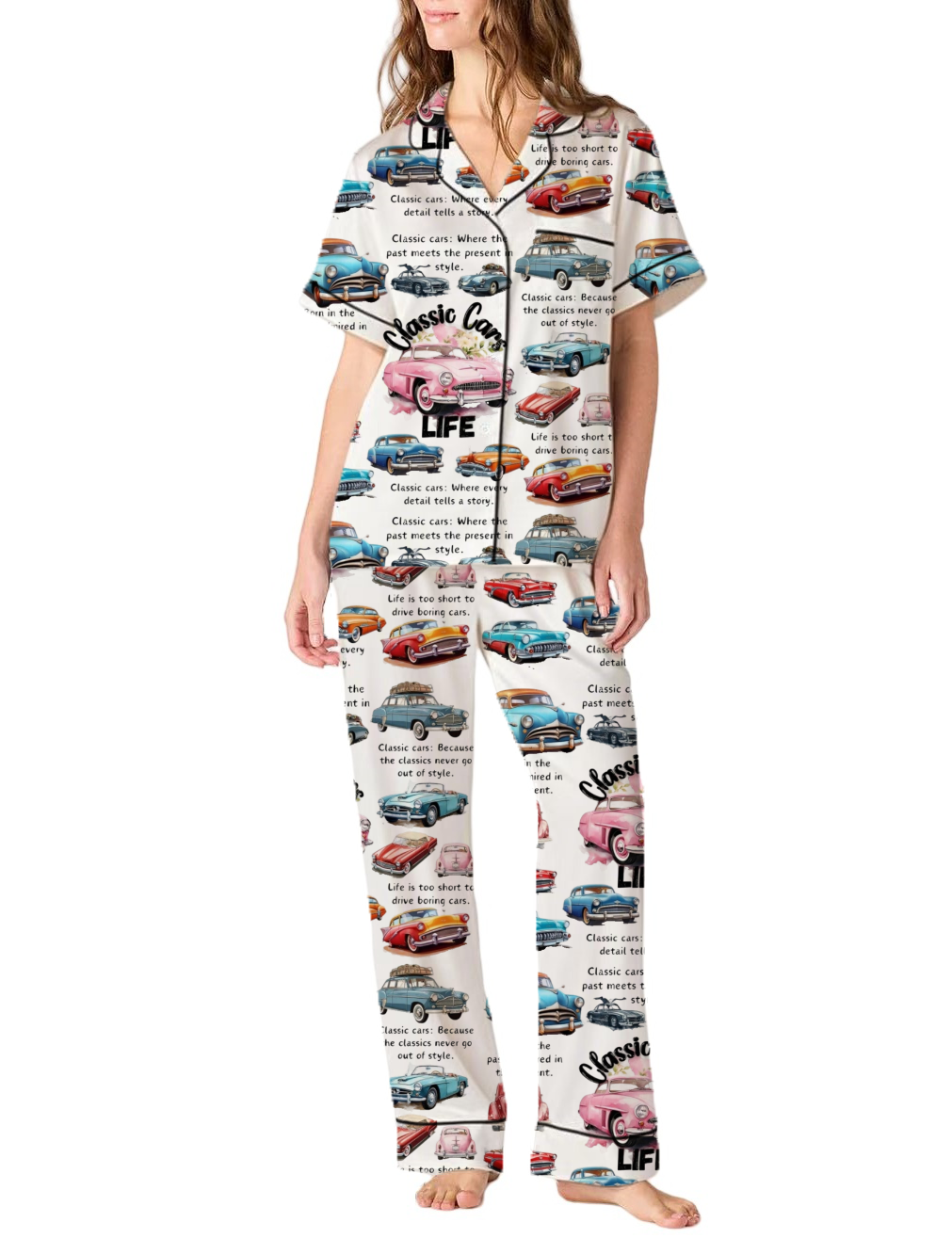 Classic Cars Silky Satin Pajama Pants Set For Women