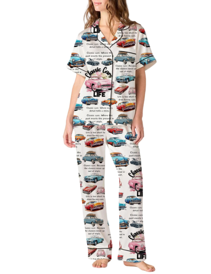 Classic Cars Silky Satin Pajama Pants Set For Women