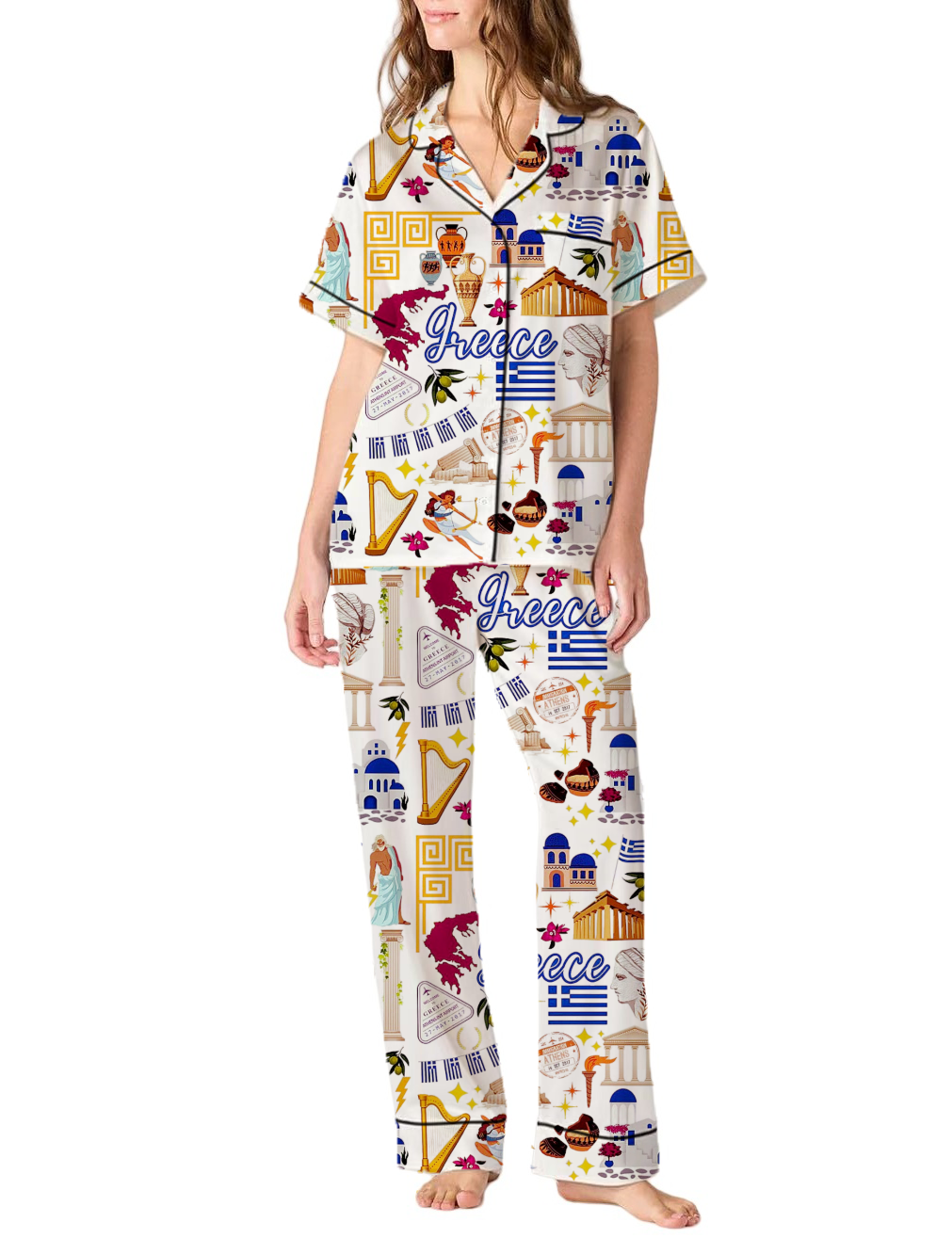 Greece Travel Silky Satin Pajama Pants Set For Women