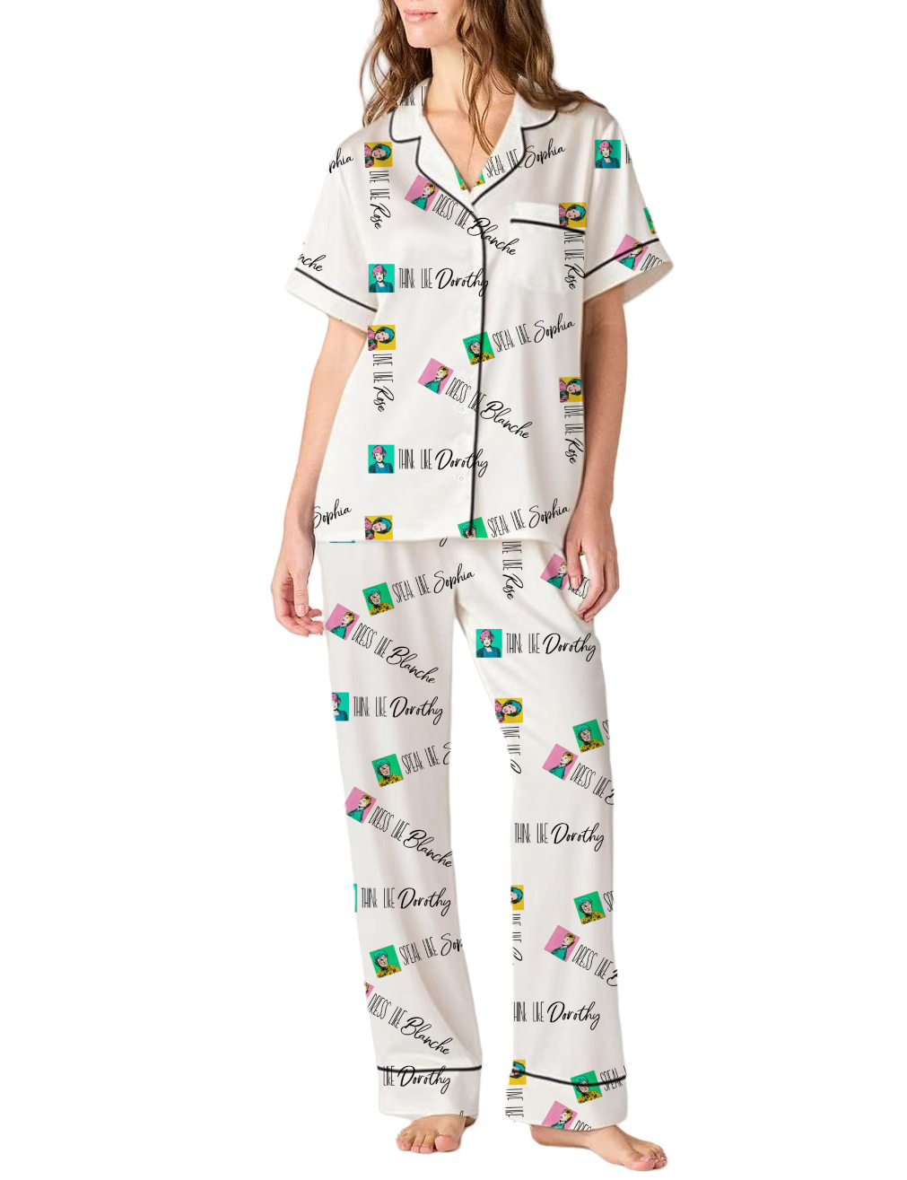 Golden Girls Dorothy Sofia Blanche Rose Silky Satin Pajama Pants Set For Women