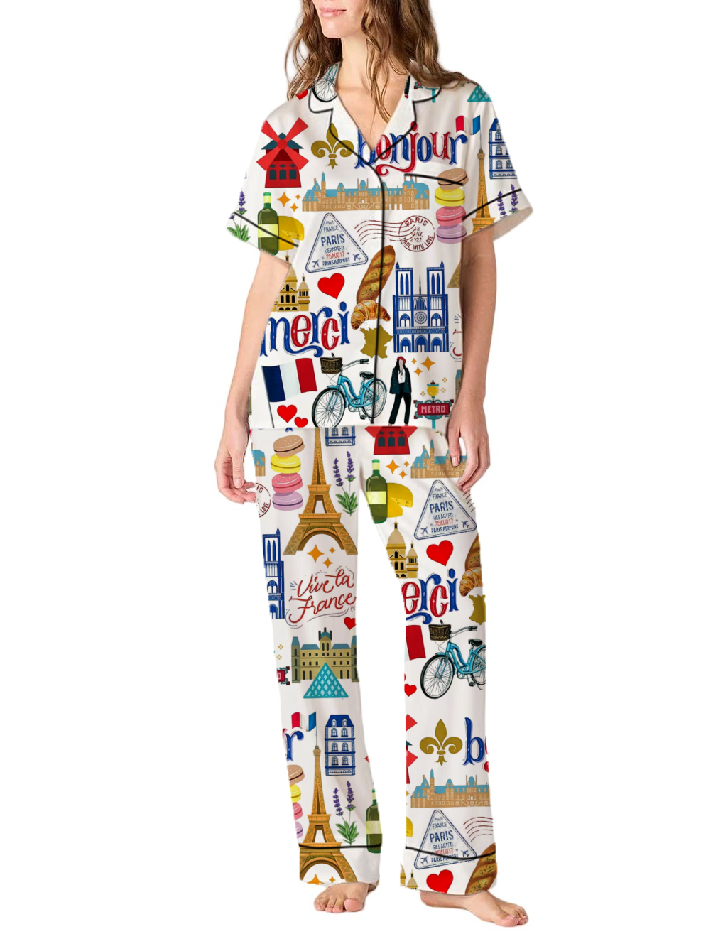 French Paris Themed Silky Satin Pajama Pants Set For Women