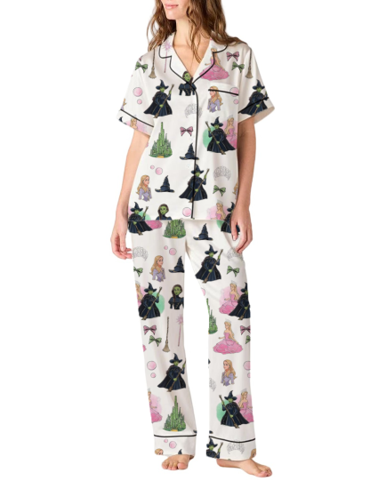 Wicked Elphaba And Glitter Cute Glinda Silky Satin Pajama Pants Set For Women