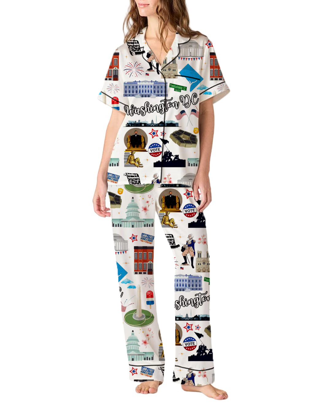 Washington DC America Silky Satin Pajama Pants Set For Women