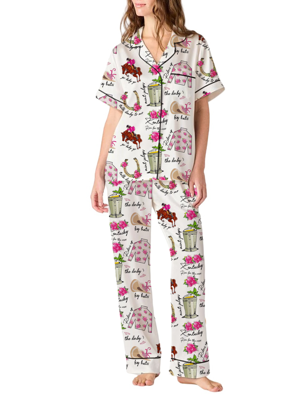 Retro Kentucky Derby Silky Satin Pajama Pants Set For Women