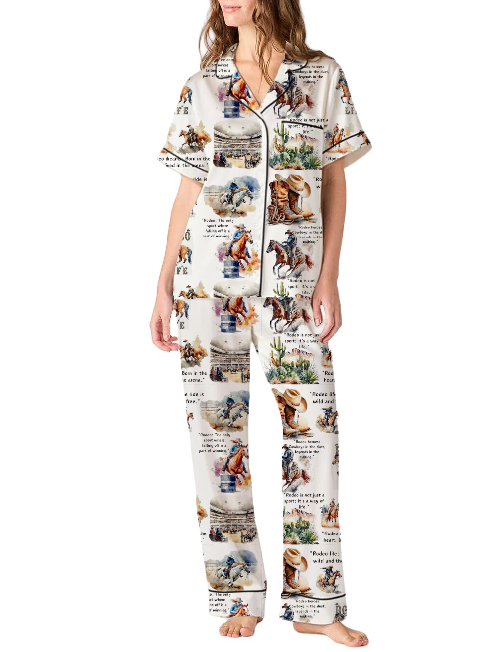 Redeo Life Western Rodeo Cowboys Silky Satin Pajama Pants Set For Women