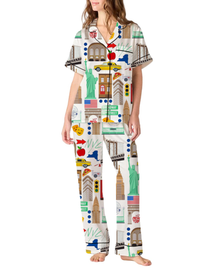 New York Landmarks Silky Satin Pajama Pants Set For Women