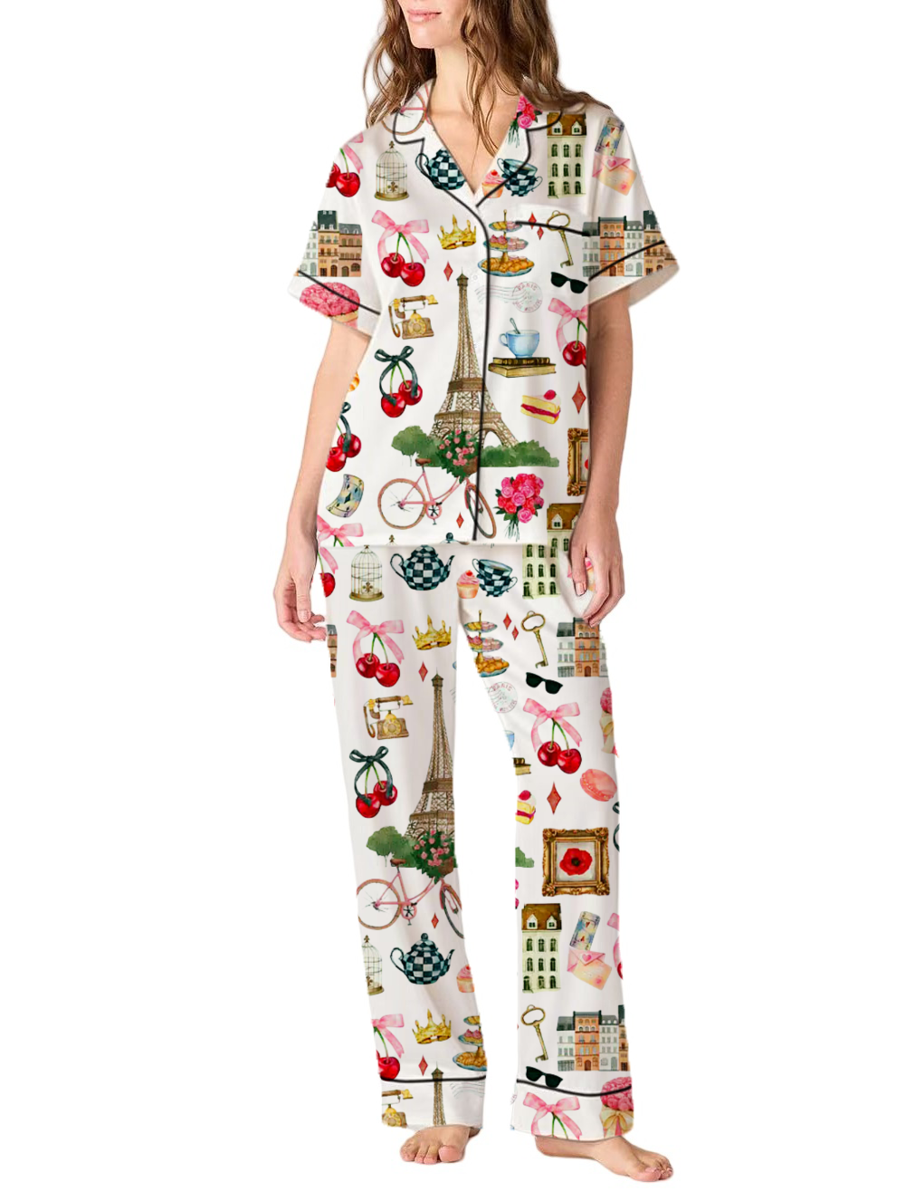 Paris Cherries Silky Satin Pajama Pants Set For Women