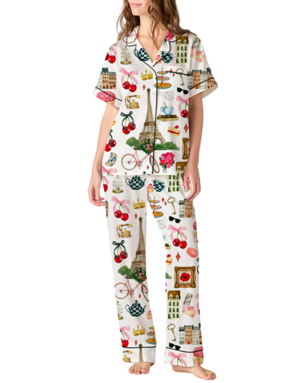 Paris Cherries Silky Satin Pajama Pants Set For Women