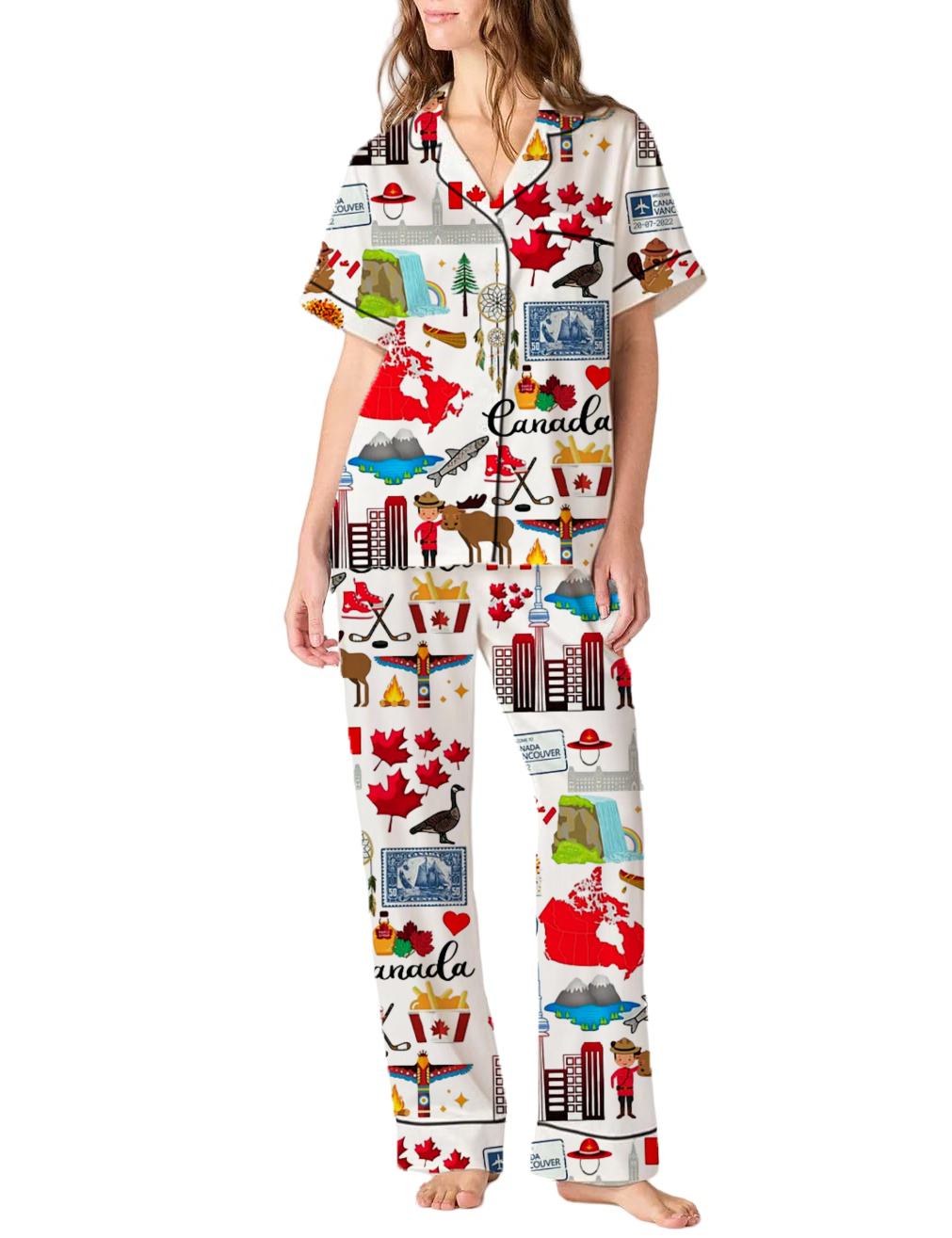 Travel To Canada Silky Satin Pajama Pants Set For Women