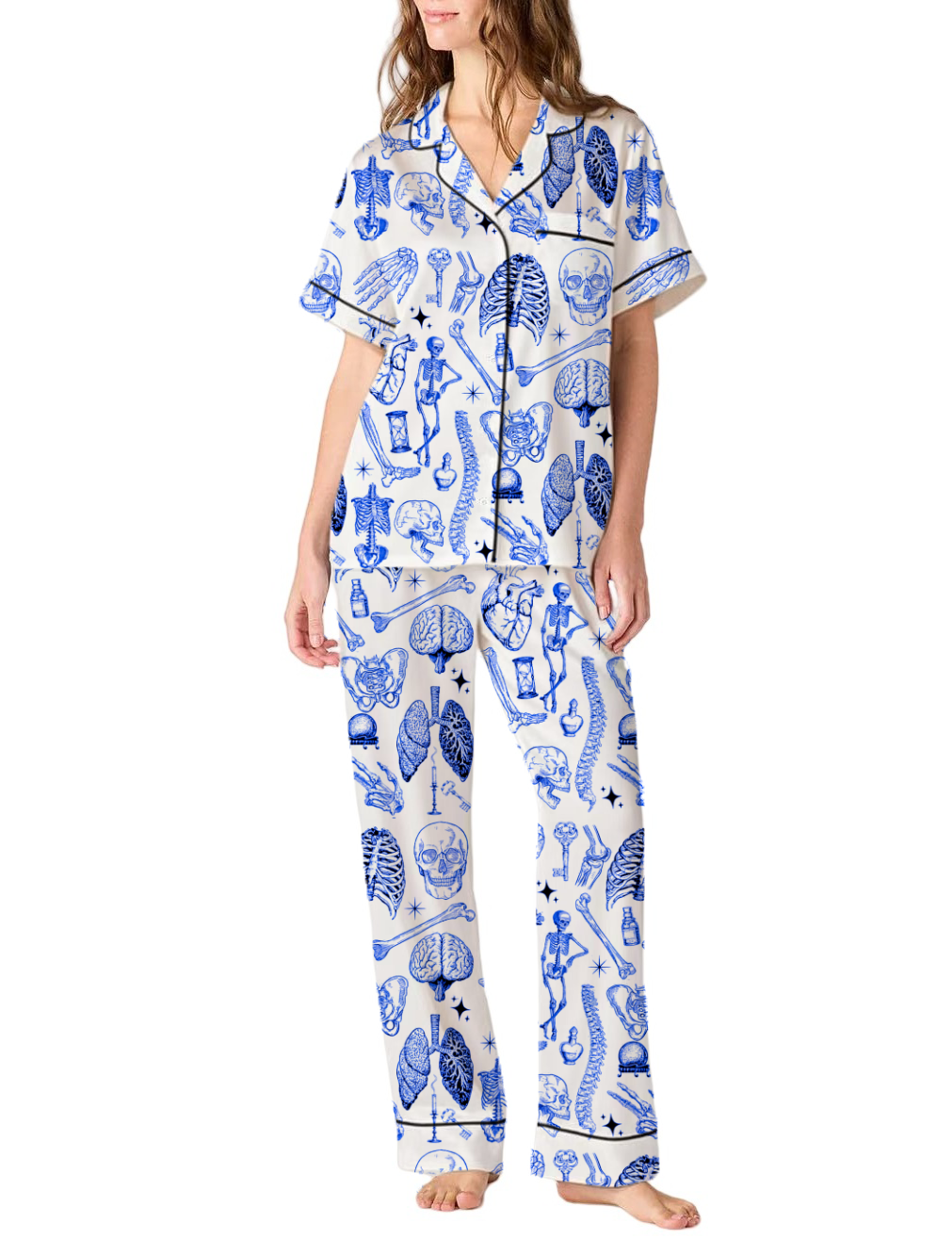 Skeleton Halloween Silky Satin Pajama Pants Set For Women