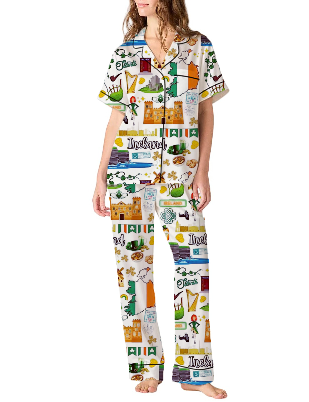 Travel To Ireland Silky Satin Pajama Pants Set For Women