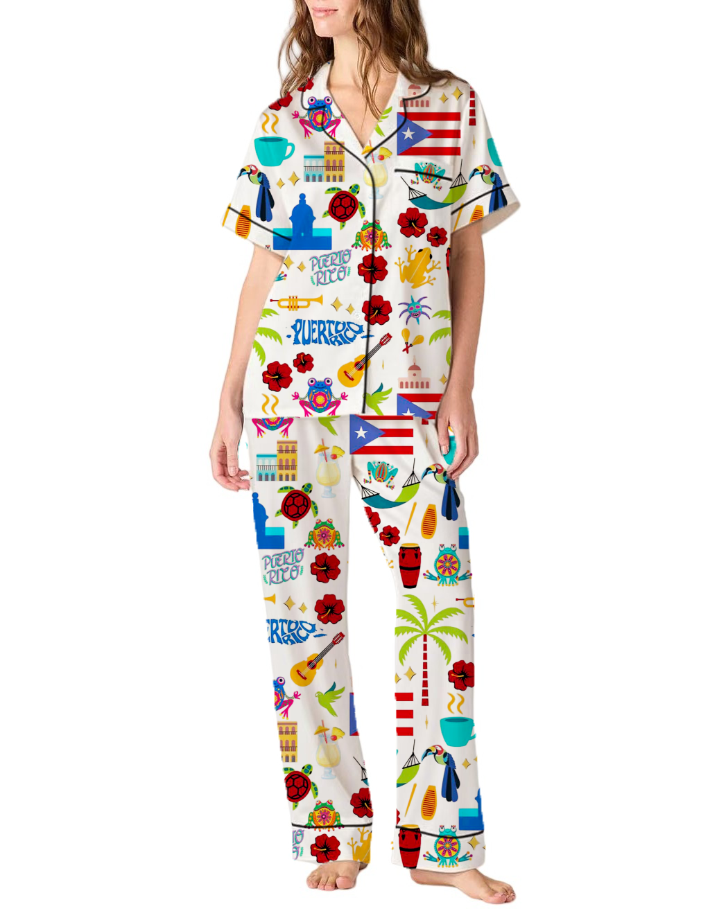 Puerto Rico Vacation Silky Satin Pajama Pants Set For Women