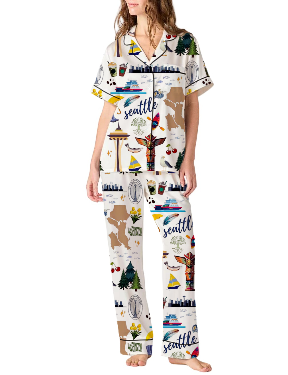 Seattle Travel Silky Satin Pajama Pants Set For Women