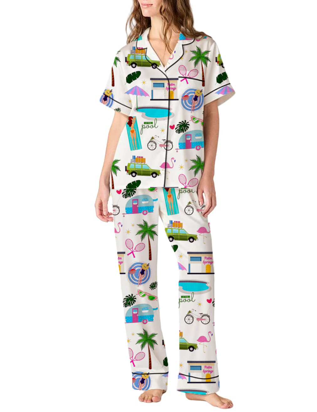 Palm Springs Vacation Silky Satin Pajama Pants Set For Women