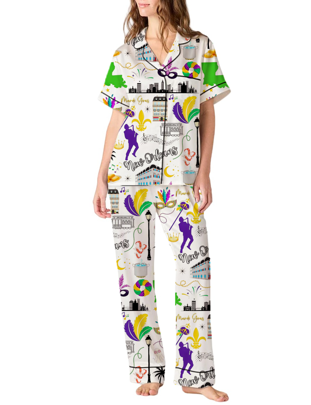 New Orleans Mardi Gras Silky Satin Pajama Pants Set For Women