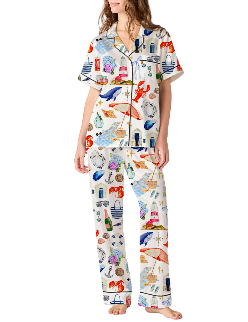 New England Coastal Travel Nantucket Travel Silky Satin Pajama Pants Set For Women