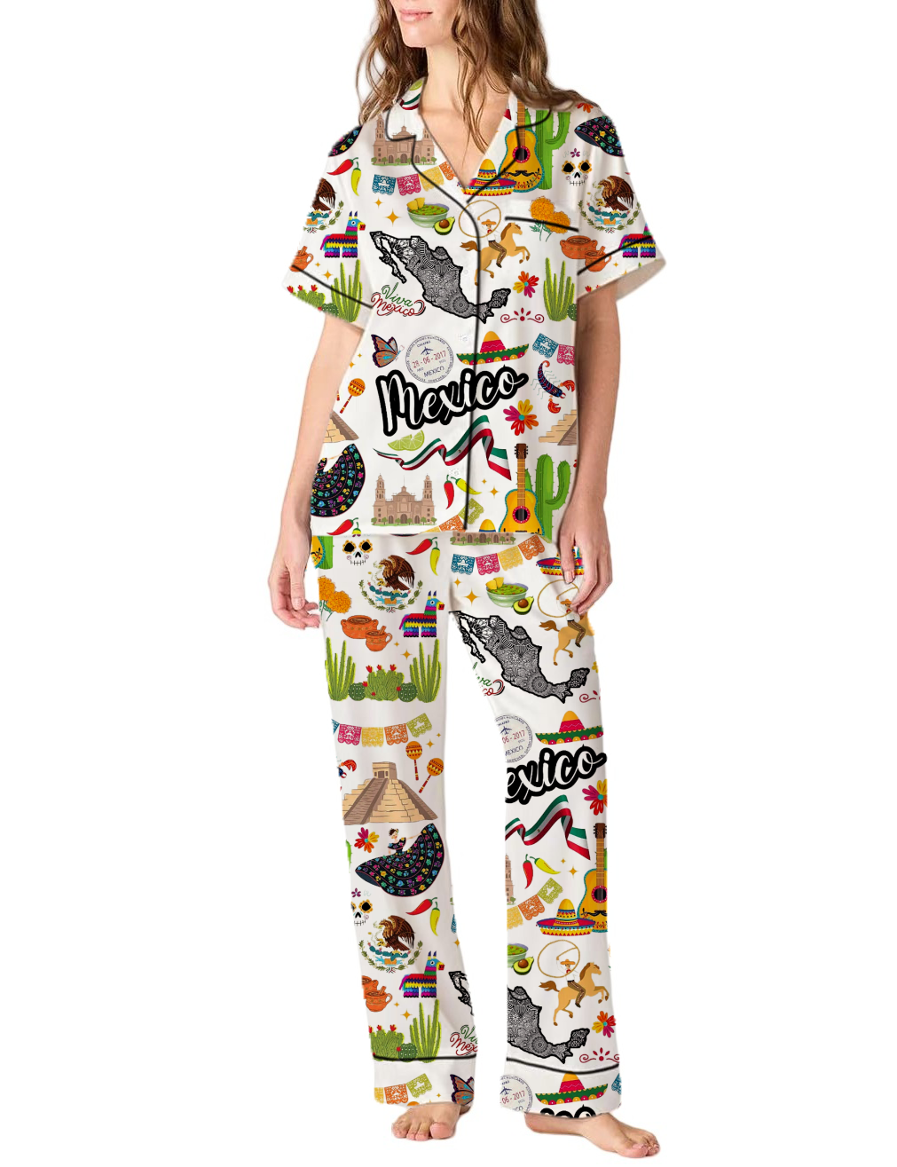 Mexico Vacation Silky Satin Pajama Pants Set For Women