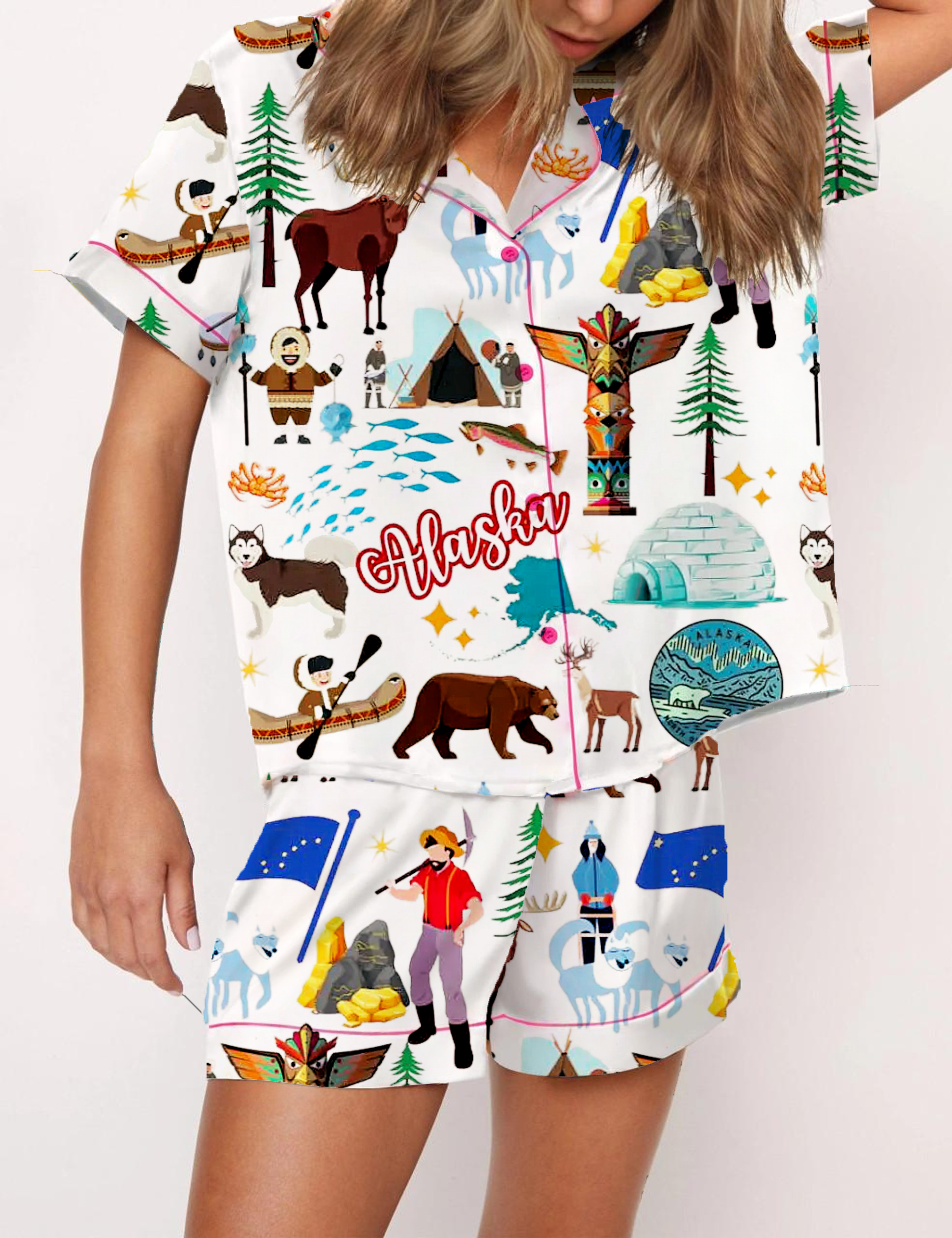 Alaska Vacation Silky Satin Pajama Short Set For Women