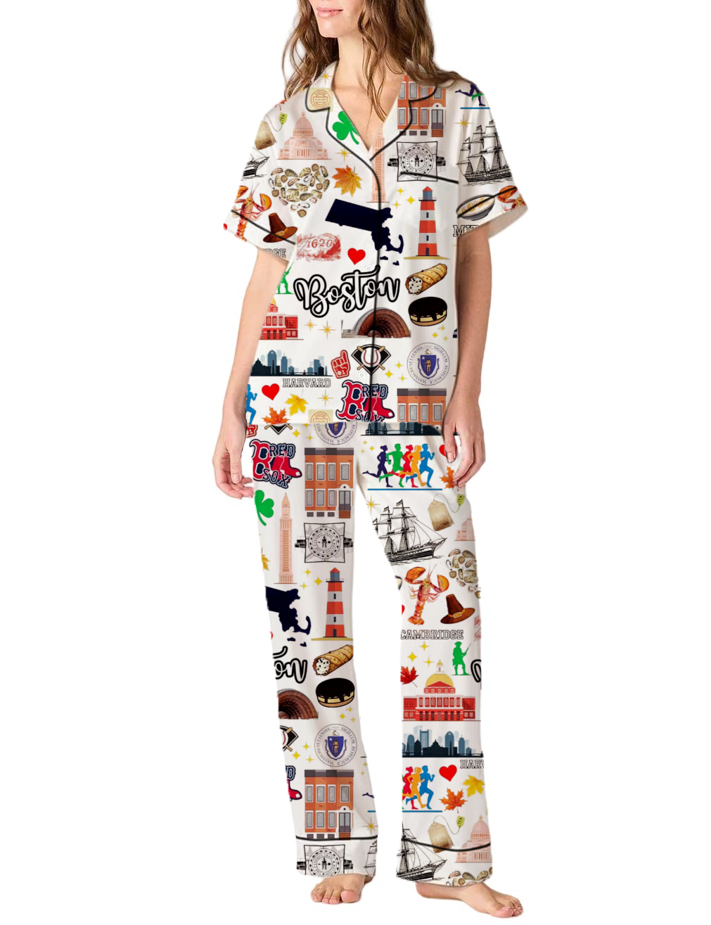 Boston Massachusetts Vacation Silky Satin Pajama Pants Set For Women