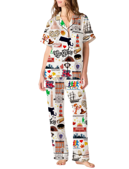 Boston Massachusetts Vacation Silky Satin Pajama Pants Set For Women