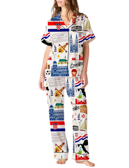 Croatia Travel Silky Satin Pajama Pants Set For Women